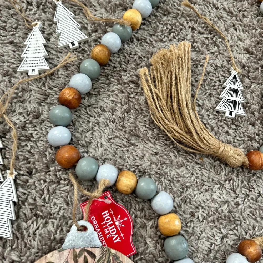 Holiday Time Rustic Farmhouse Christmas Decor Bundle Bead Garland Signs Ornament